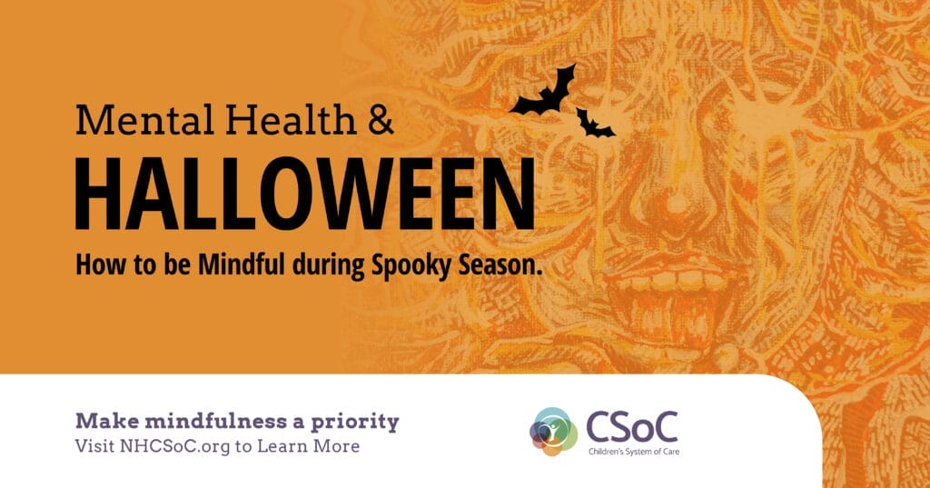 Graphic with bats and words Mental Health & Halloween